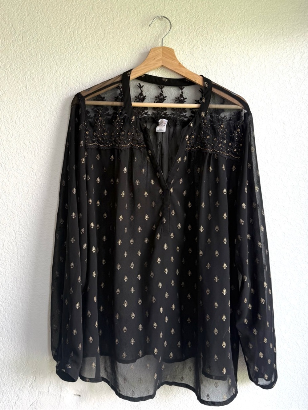 Sheer Black Blouse with Gold Accent - Ladies Long Sleeve Top